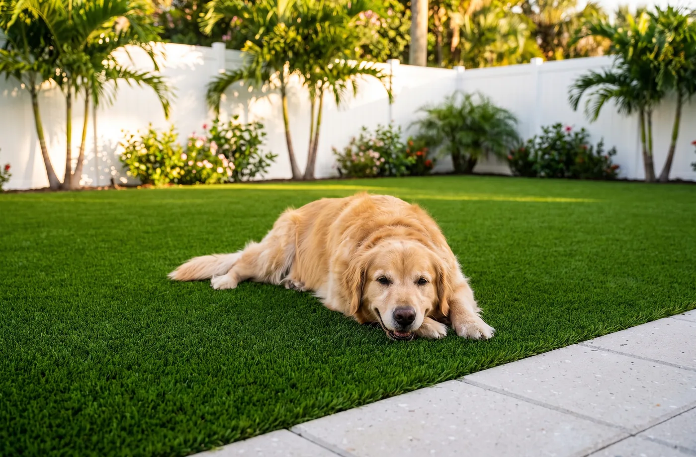 Dog on freshly installed pet-friendly artificial turf in a Florida backyard