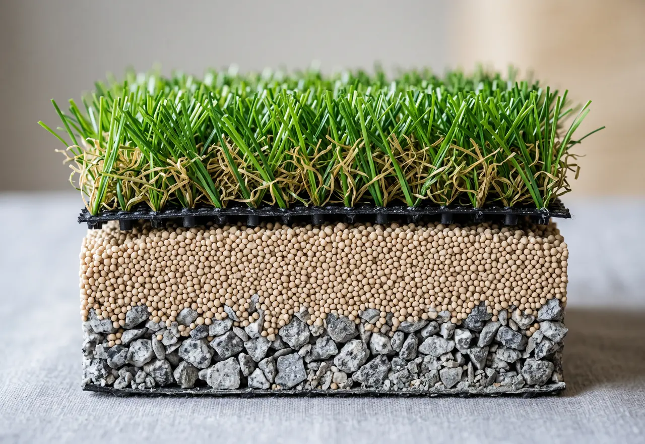Close-up of pet turf blades, permeable drain core and antibacterial infill